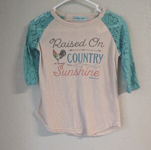 Southern Grace Country Graphic Shirt with Teal Lace Sleeves S Rooster Casual